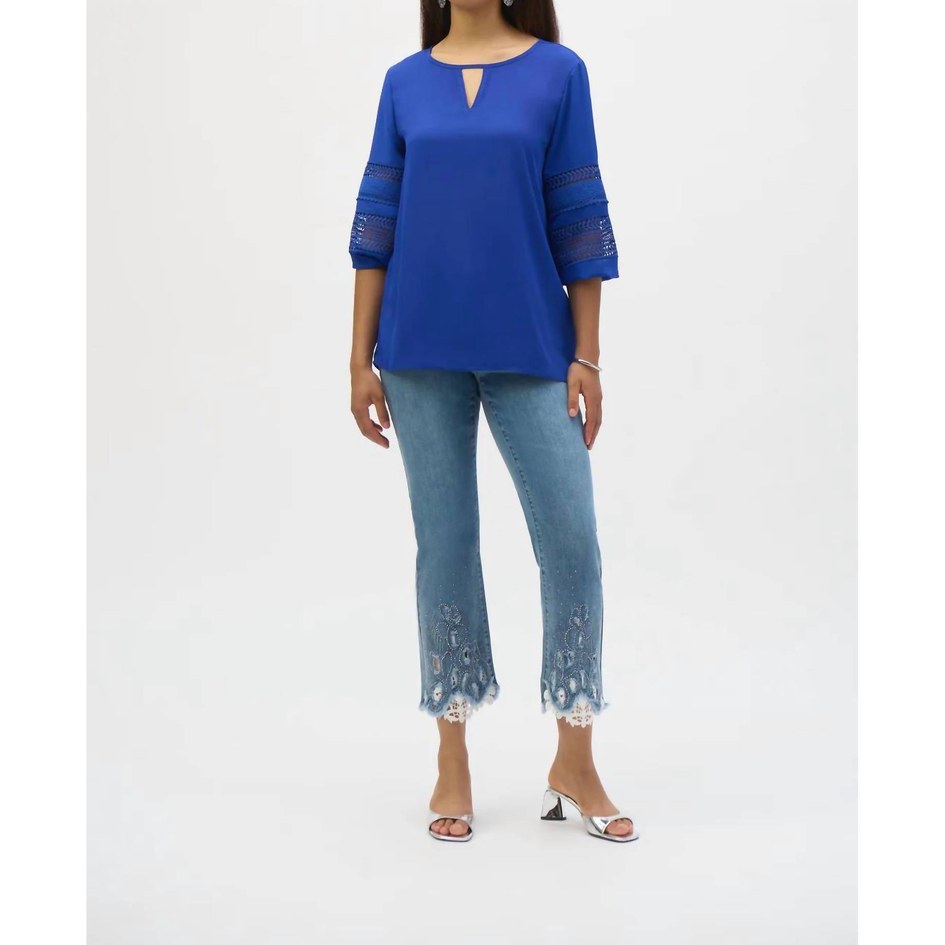 New Joseph Ribkoff Georgette Keyhole Neckline 3/4 Puff Sleeves Top In Royal Sapp